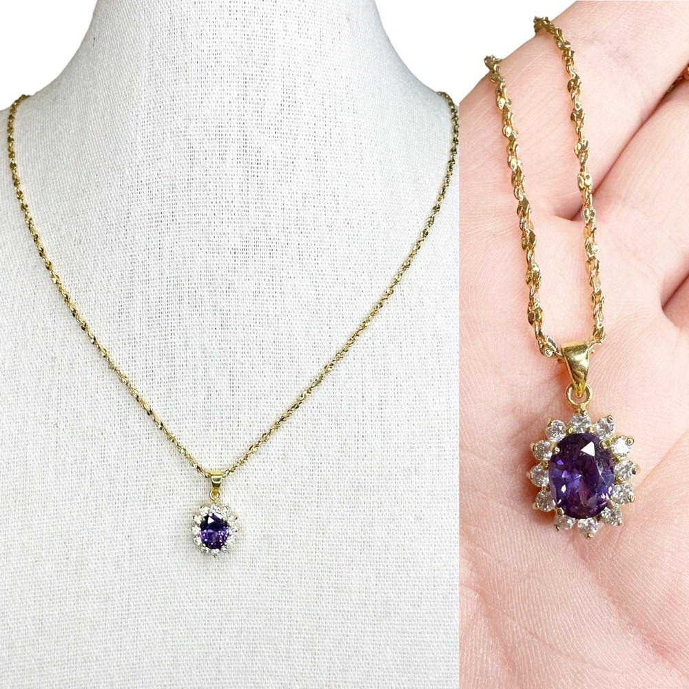 Vintage NOS Royal Purple Faceted Glass Crystal Halo Dainty Pendant Necklace